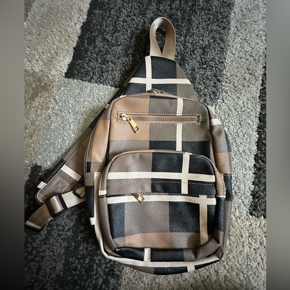 Black and Tan plaid mini sling bag